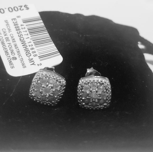 Diamond Cushion Cluster Stud Earrings 1/10 ct Sterling Silver - Picture 4 of 7